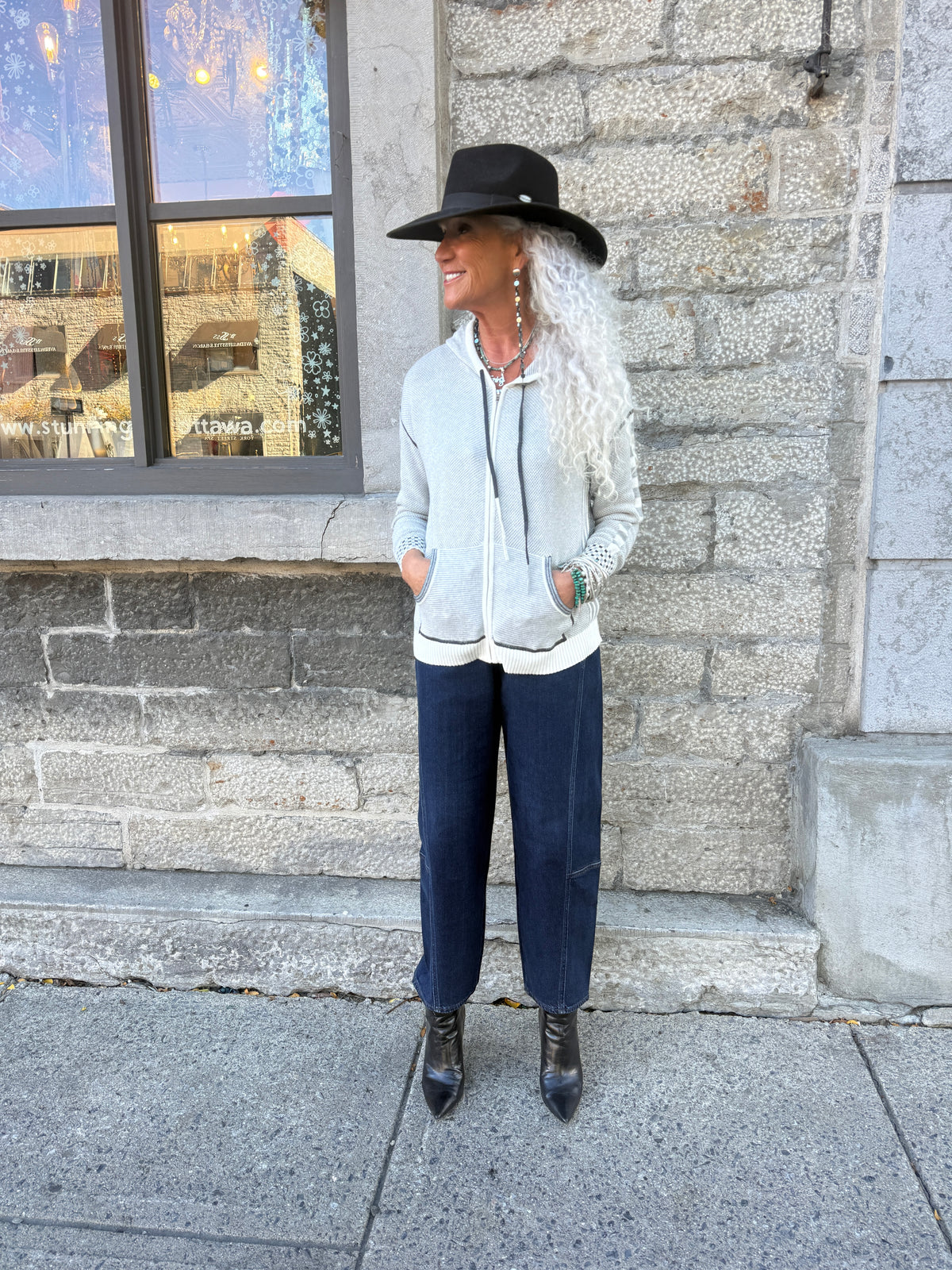Relaxed Cotton Cashmere Zip-up Hoodie- IVORY/GREY