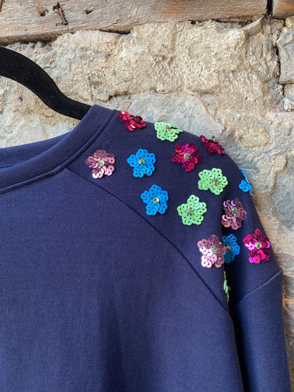 Cotton Sweatshirt with Embellished shoulders - NAVY