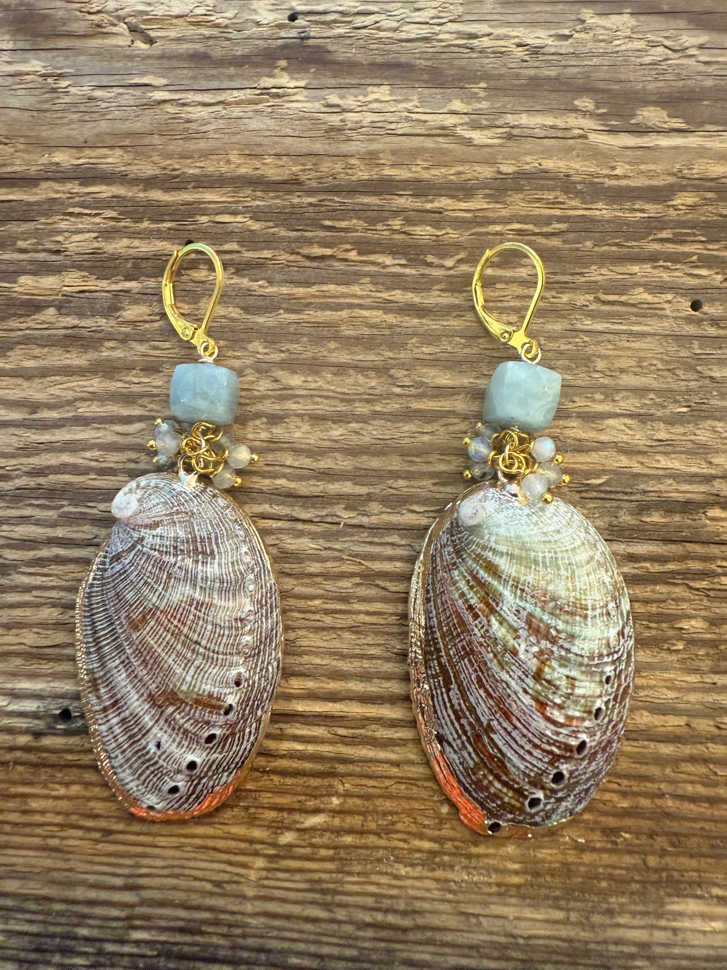Gold SeaShell Drop Earrings -  semi precious Aquamarine