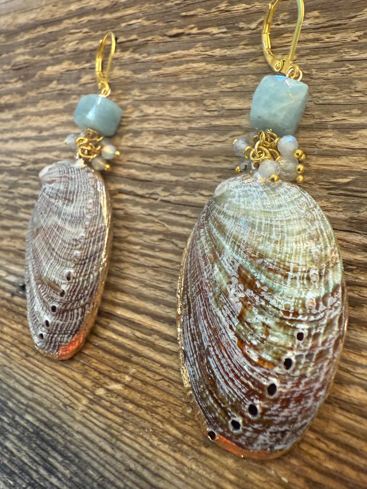 Gold SeaShell Drop Earrings -  semi precious Aquamarine