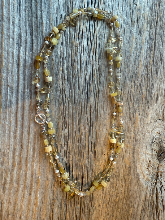 Semi Precious Yellow. Silver versatile Lariat - Yellow Opal, Citrine, Pearl and Vintage