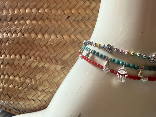 Red Coral and Silver Heart Anklet  - Silver Heart Charm Drop