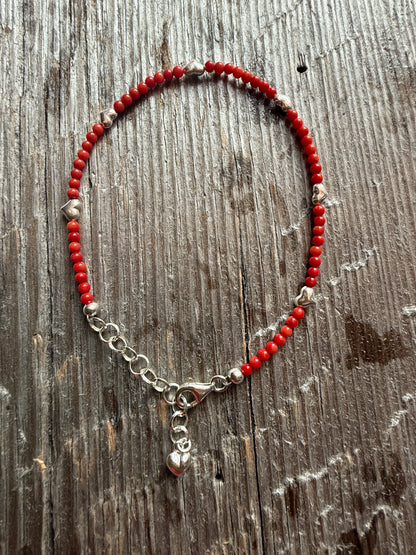Red Coral Anklet with Silver Hearts - Heart Charm Drop