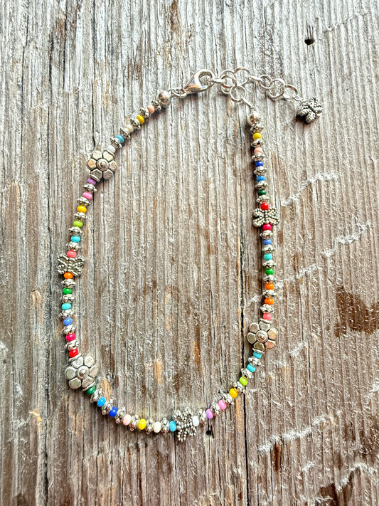 Multi Colour Anklet with Butterflies and Flowers - Flower Charm Drop