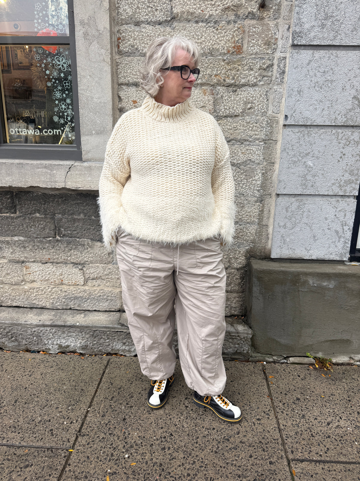 Cotton Relaxed Fit Waffle Knit Sweater- IVORY
