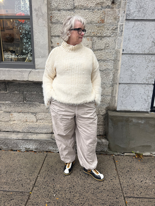 Cotton Relaxed Fit Waffle Knit Sweater- IVORY