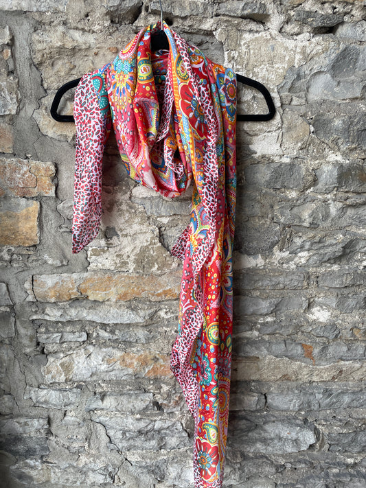 3ft x 6 ft Long Printed Silky Scarf- Orange Blue Yellow Turquoise
