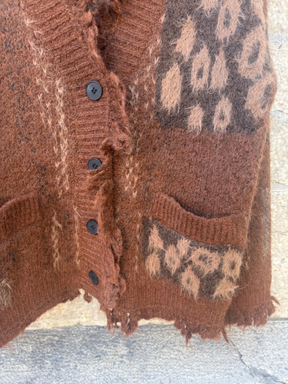 Fringed Knit Cardigan with Animal Print  - BROWN TAN