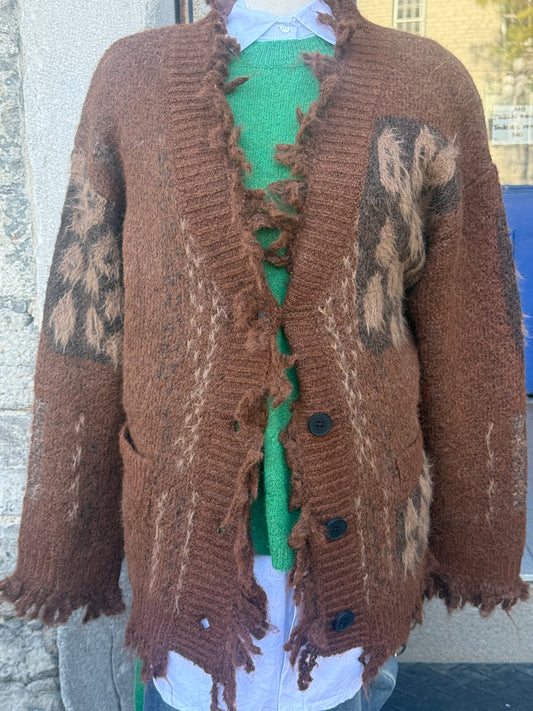 Fringed Knit Cardigan with Animal Print  - BROWN TAN