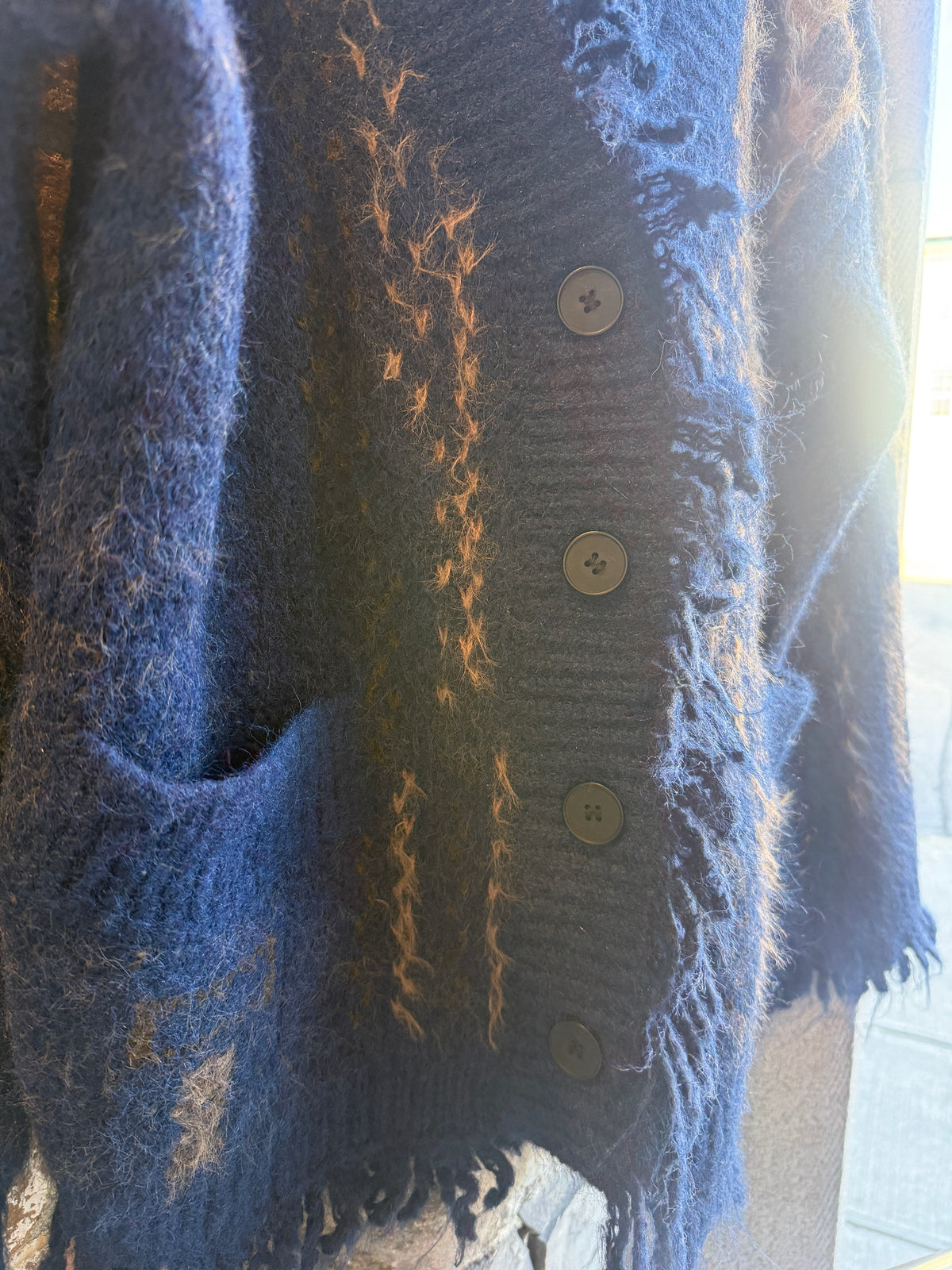 Fringed Knit Cardigan with Animal Print  - NAVY BROWN TAN