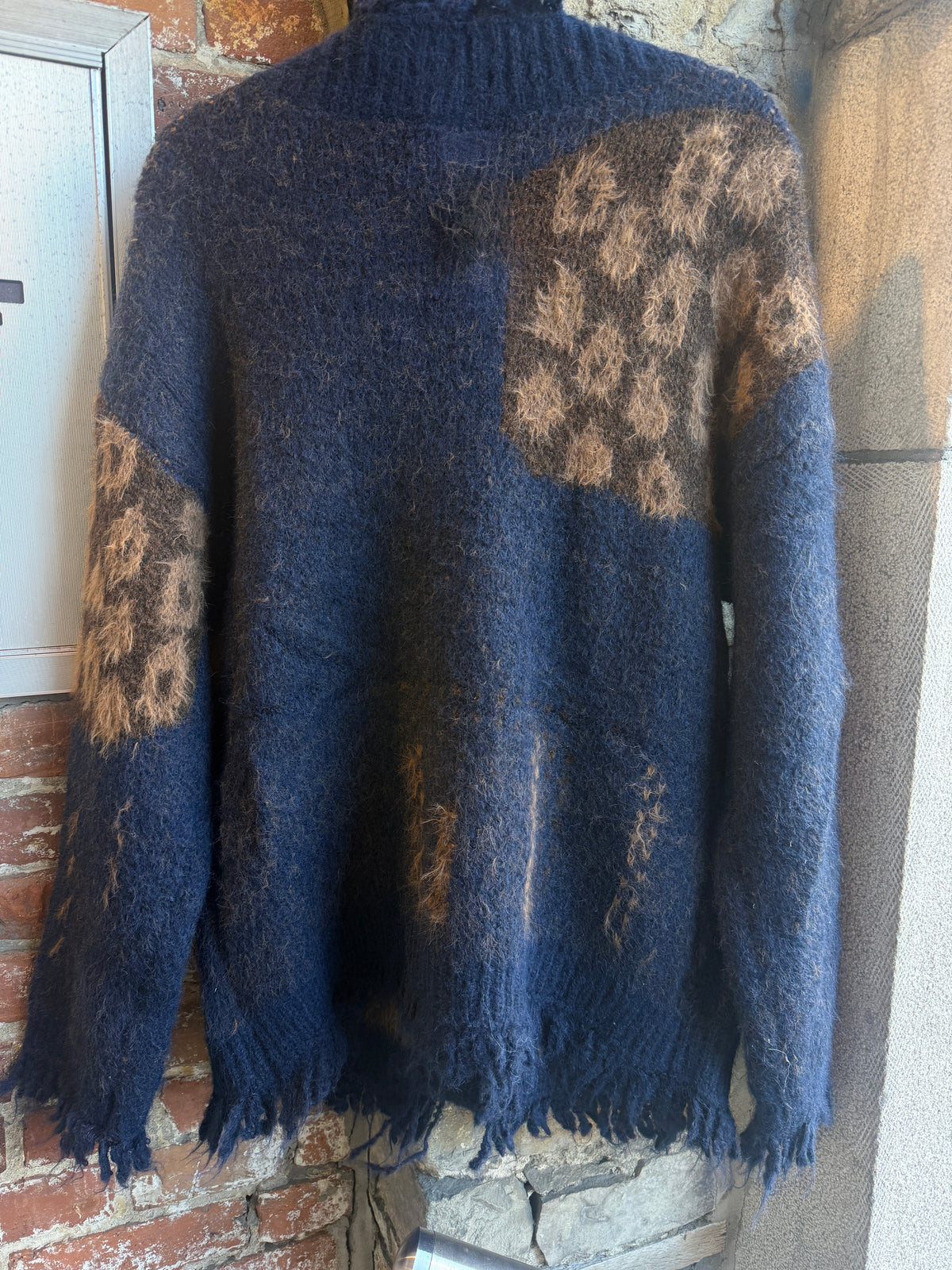 Fringed Knit Cardigan with Animal Print  - NAVY BROWN TAN