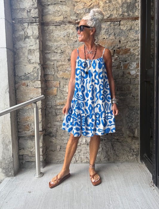 Printed Spaghetti Strap Sundress with Flounce- COBALT