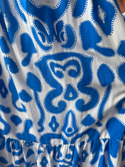 Printed Spaghetti Strap Sundress with Flounce- COBALT