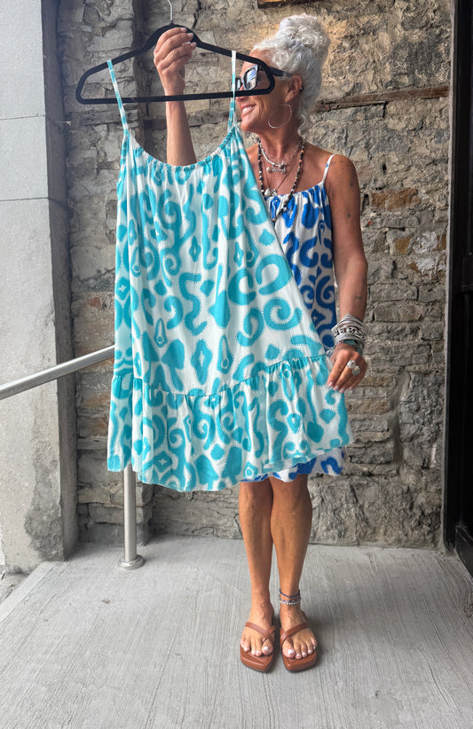 Printed Spaghetti Strap Sundress with Flounce- TURQUOISE