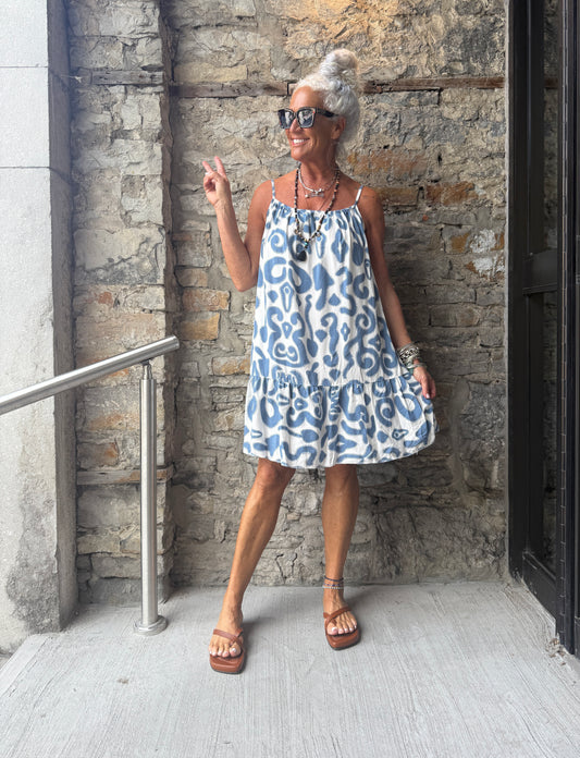 Printed Spaghetti Strap Sundress with Flounce- LIGHT DENIM