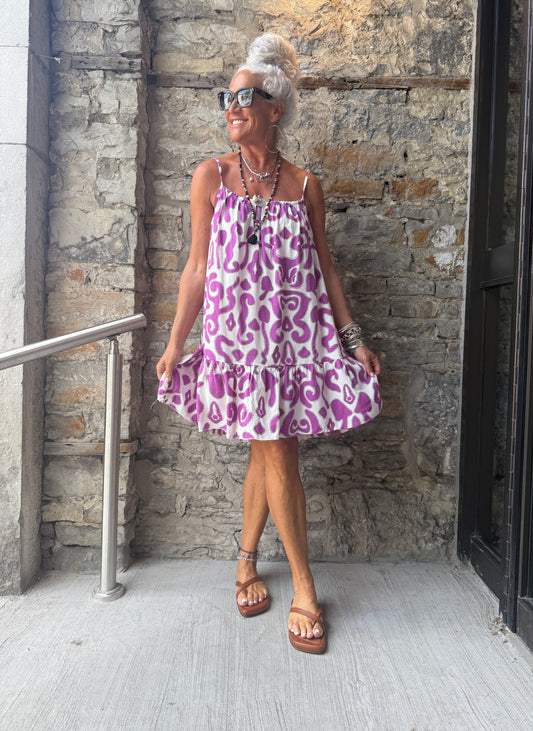 Printed Spaghetti Strap Sundress with Flounce- PURPLE