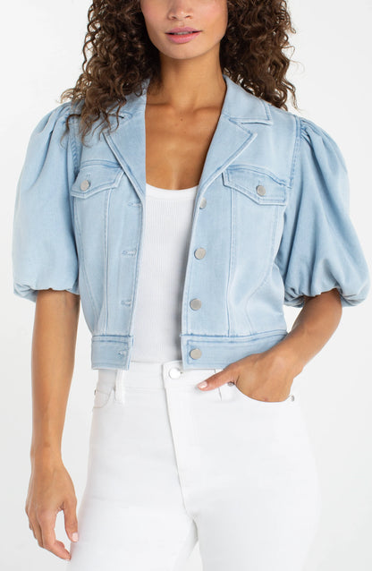 Stretch Cotton Puff Sleeve Cropped Denim Jacket