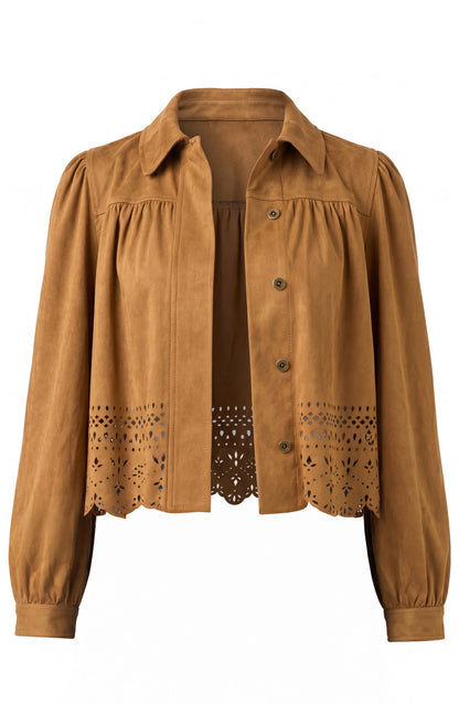Faux Suede Laser Cut Jacket  - CAMEL