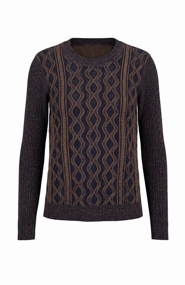 Cable Knit Pullover Sweater - NAVY/BROWN