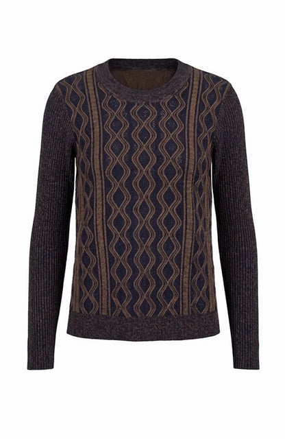 Cable Knit Pullover Sweater - NAVY/BROWN