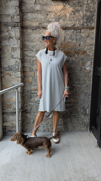 100% Cotton  Mid Length  Pinstripe Dress - Navy Blue and Ivory Stripe