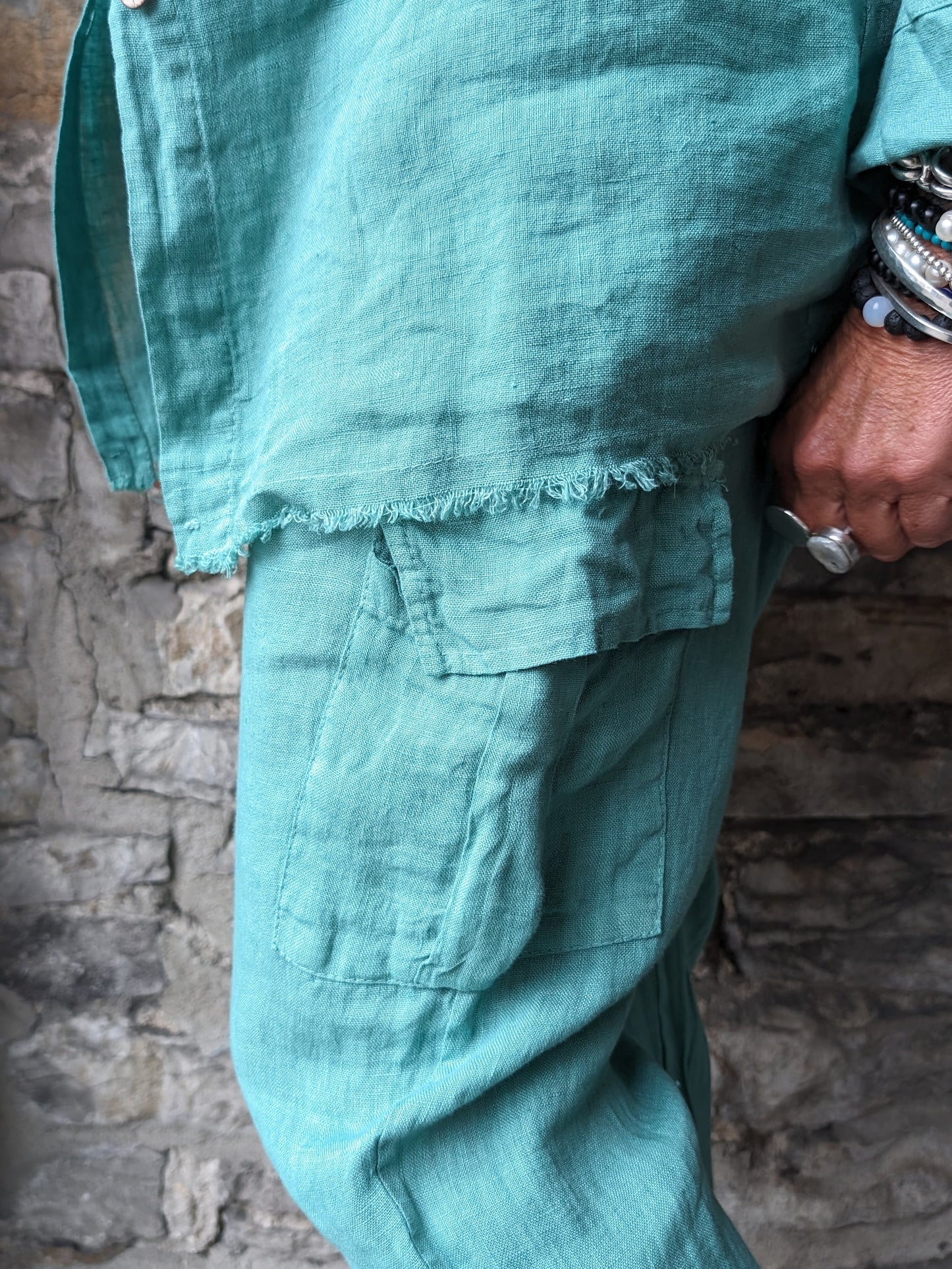 100% Linen 2 pc Straight Pant and Shirt Set - Green
