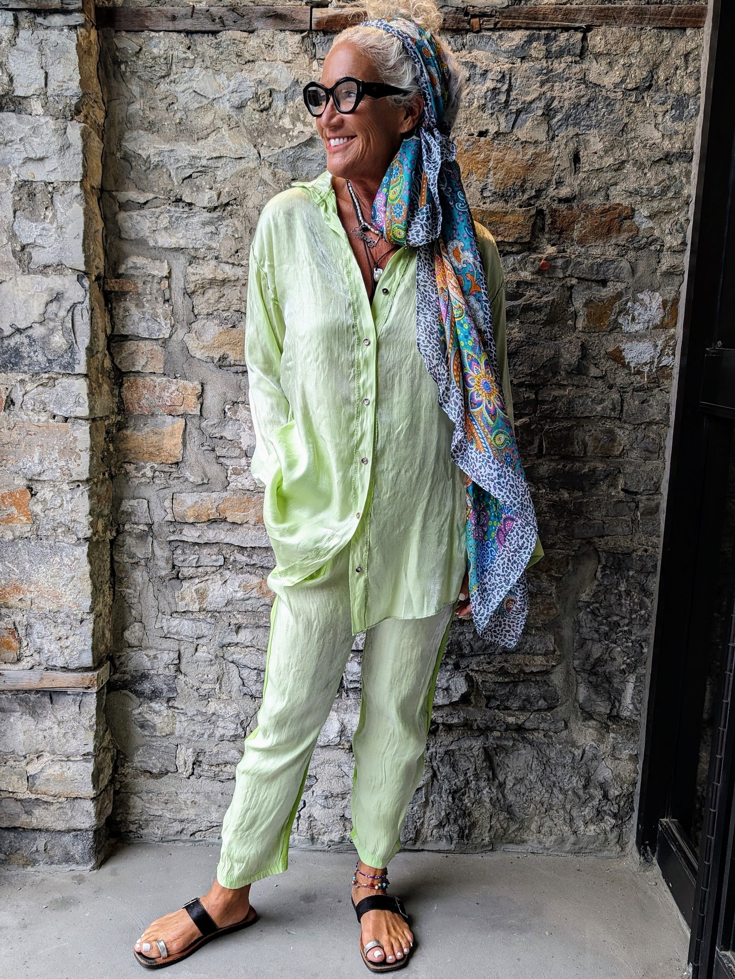 2 pc Straight Pant and Shirt Set - Lime Green