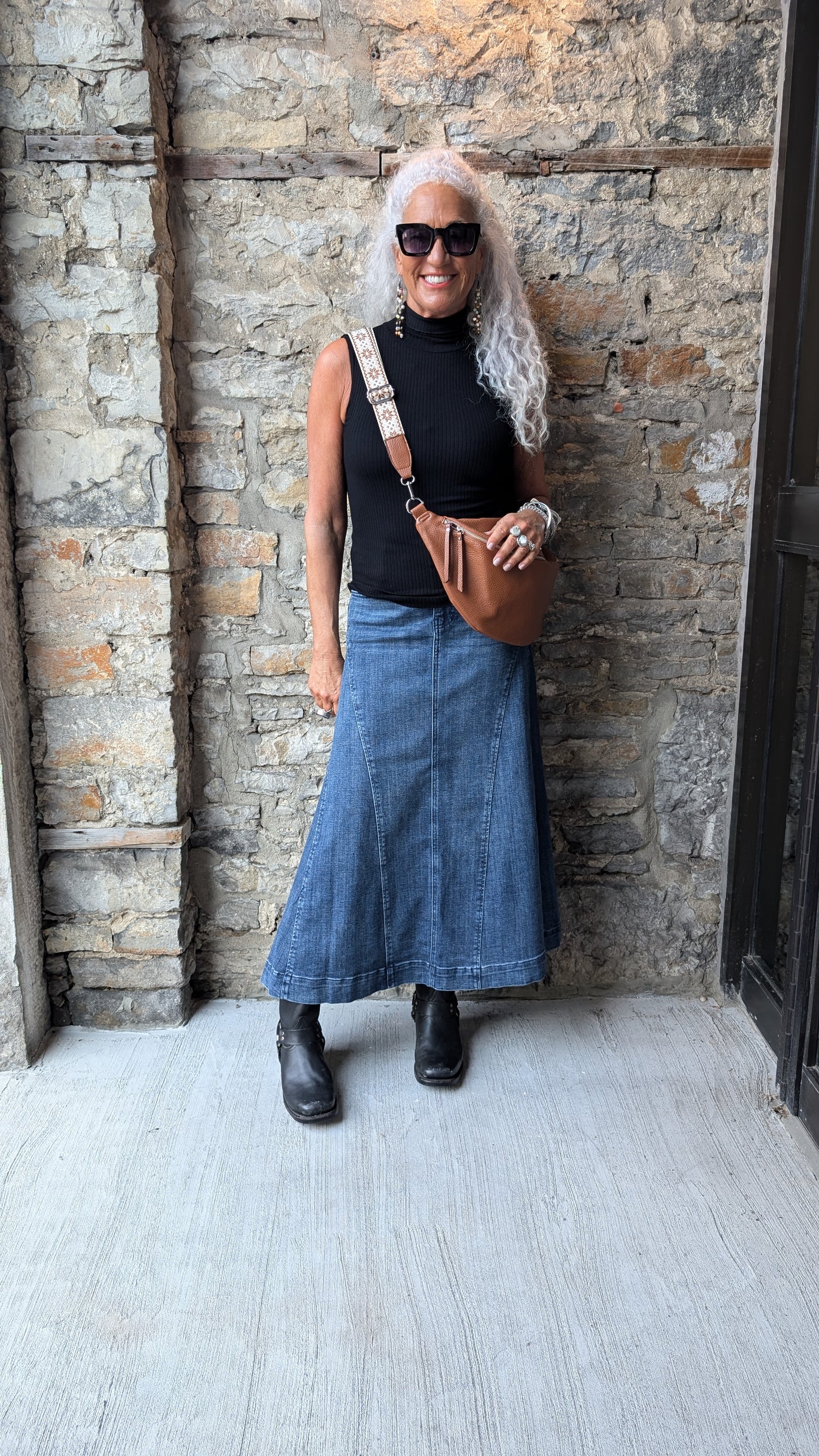 Maxi Dark Denim 5 pocket maxi Stretch Jean Skirt