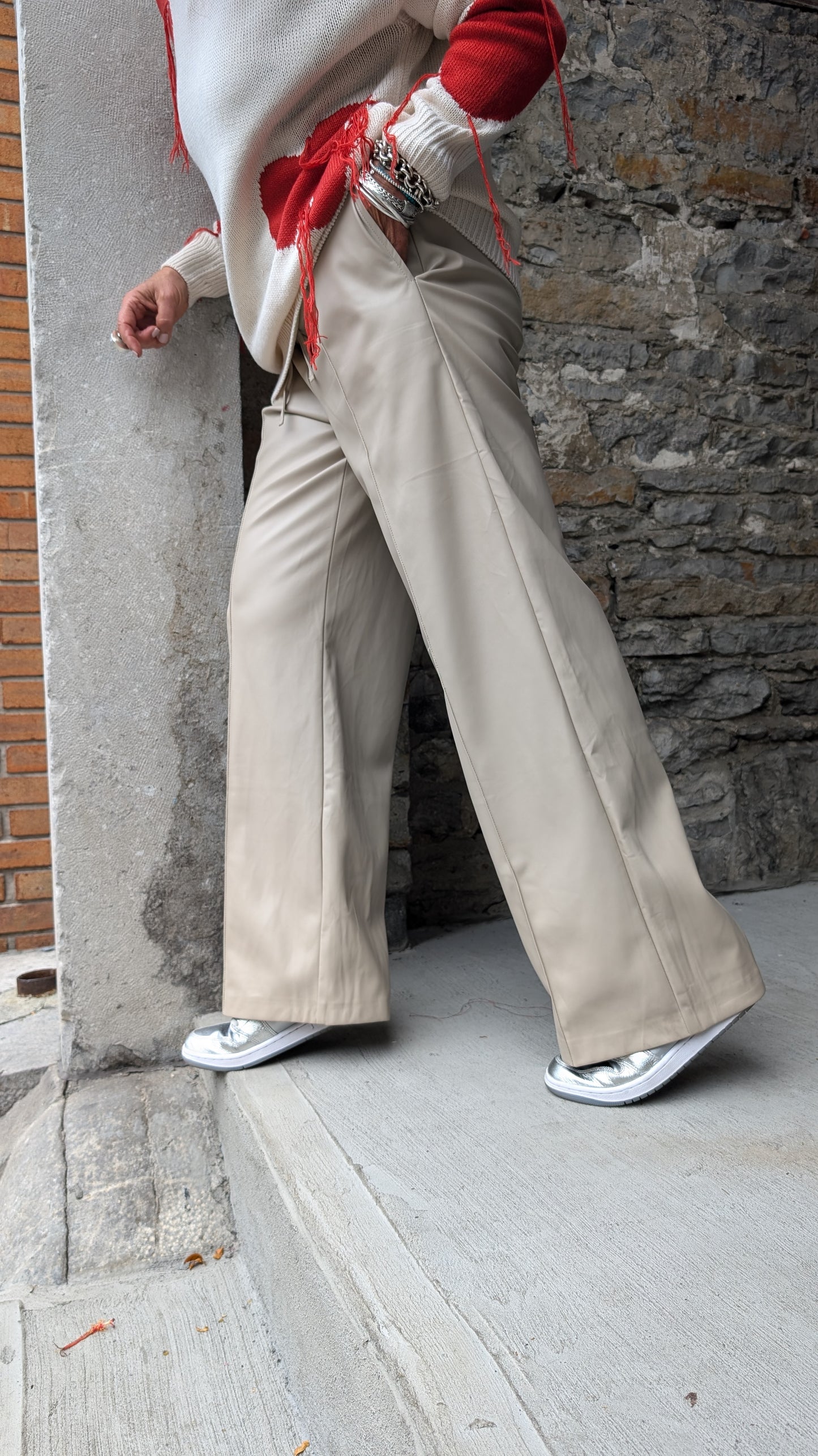 Pleather Wide Leg pant with pockets- Beige