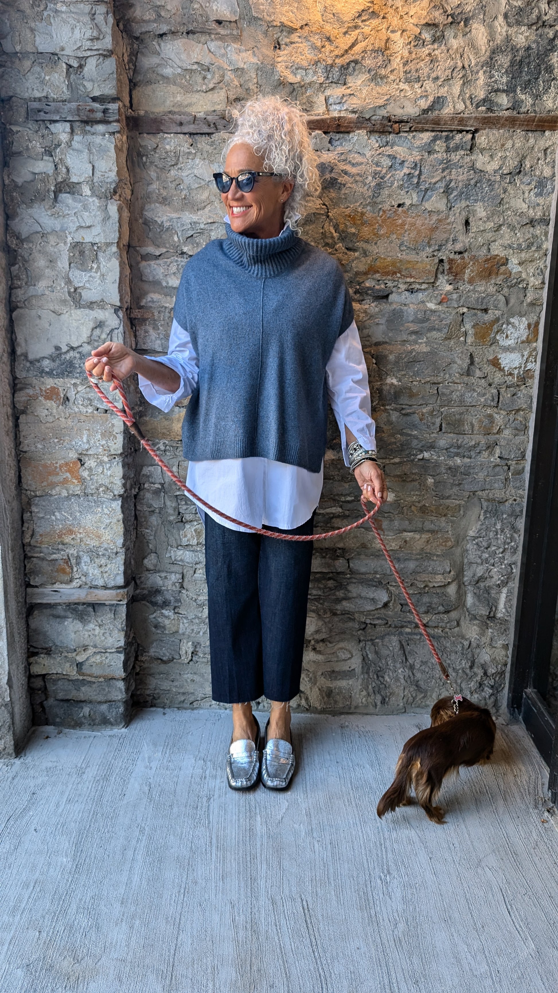 Sleeveless Relaxed Fit Cowl Neck Poncho Sweater- Denim Blue