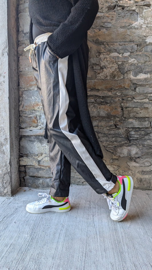 Black Pleather Relaxed Jogger Pant with Cream Detail