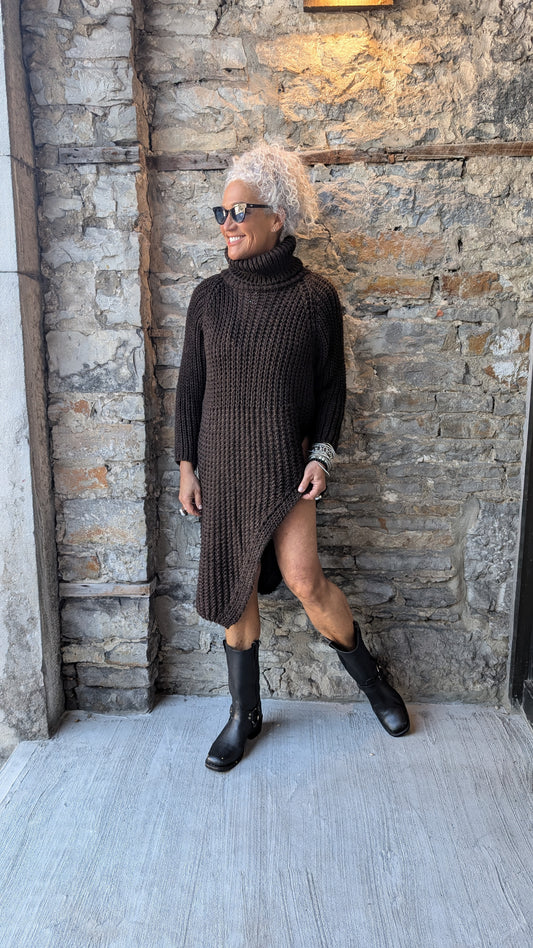 Long Brown Asymmetrical Knitted Sweater