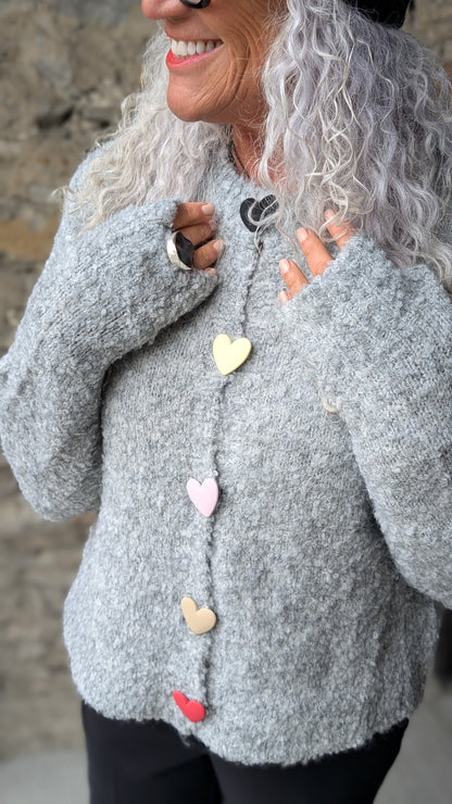 Grey Boucle Knit Sweater with Matte Heart Buttons