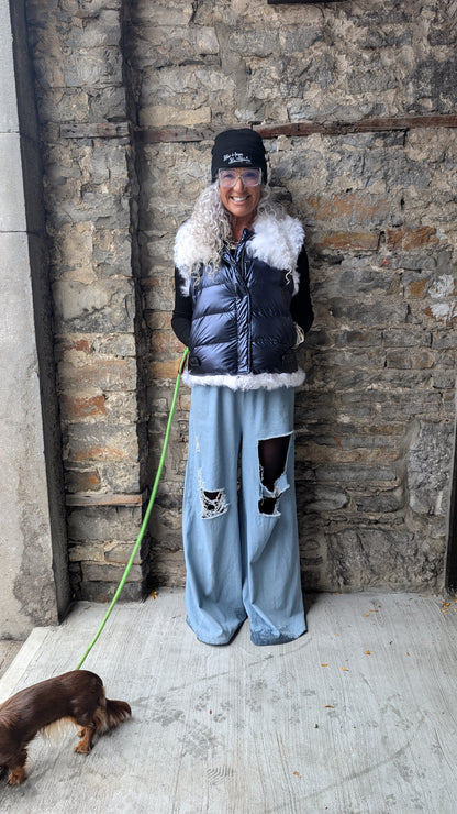 Navy Blue Puffer Vest with Lamb Trim