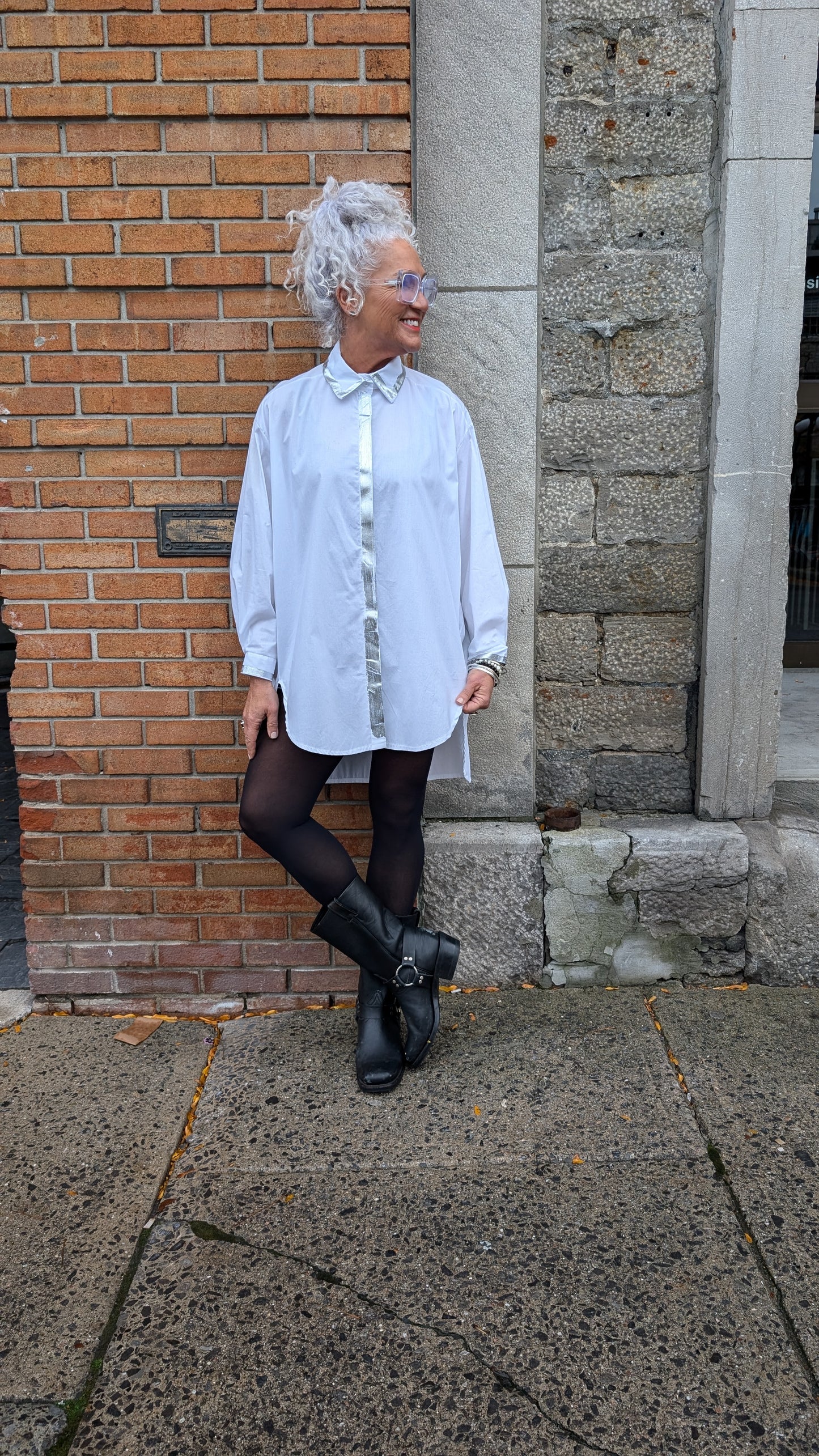 White oversized Cotton dress shirt with silver detail