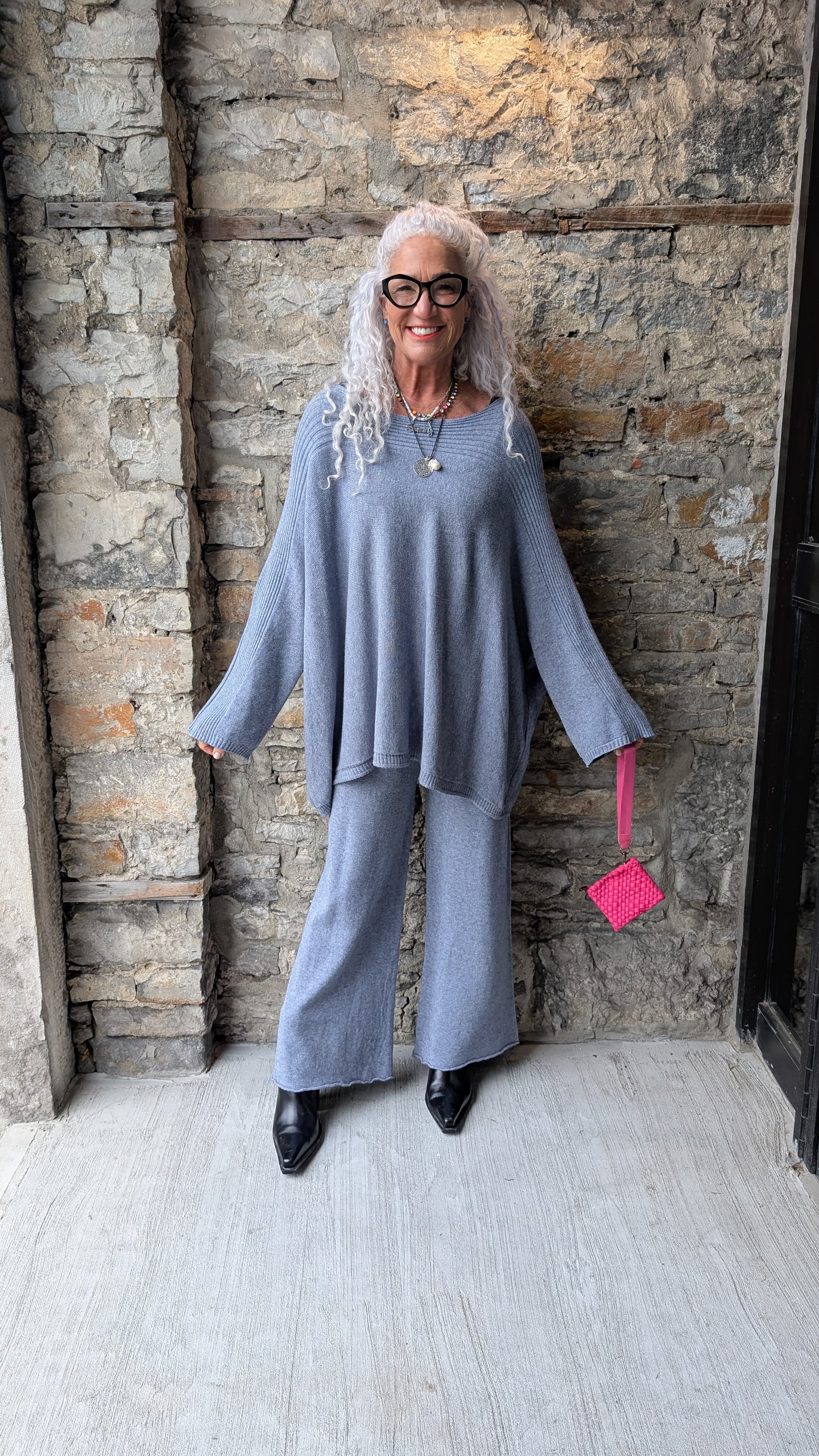 Two Piece Oversized Knit Sweater with Wide-leg Pant: Blue