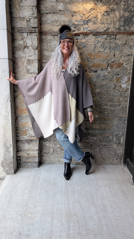 Knit Cape Shawl Scarf Wrap- Beige Oatmeal Off White Black