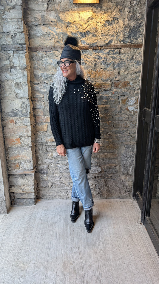 Black Cable Knit Sweater with Pearl Detail