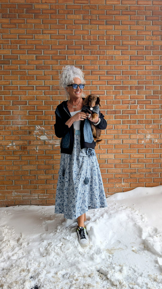 Blue Tufted Jaquard Skirt with Rosettes