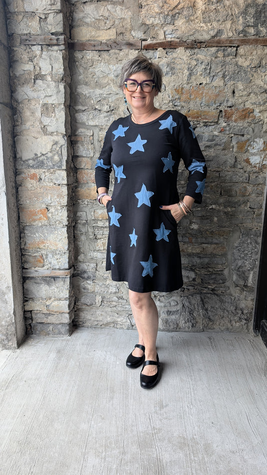 100% Cotton Denim Star Patchwork A-line Dress - Black and Denim