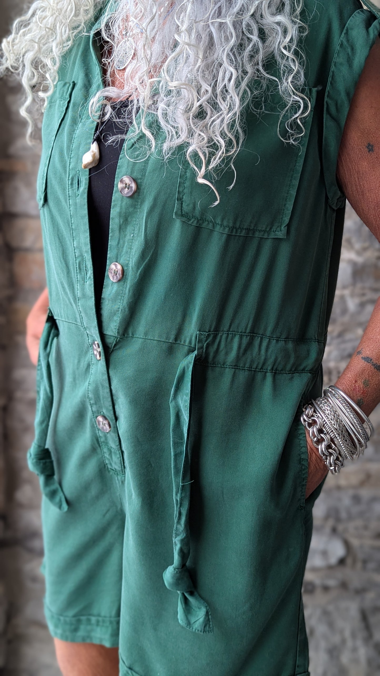 One Piece Oversized Relaxed Short Jumper with Pockets- Vintage Emerald Green
