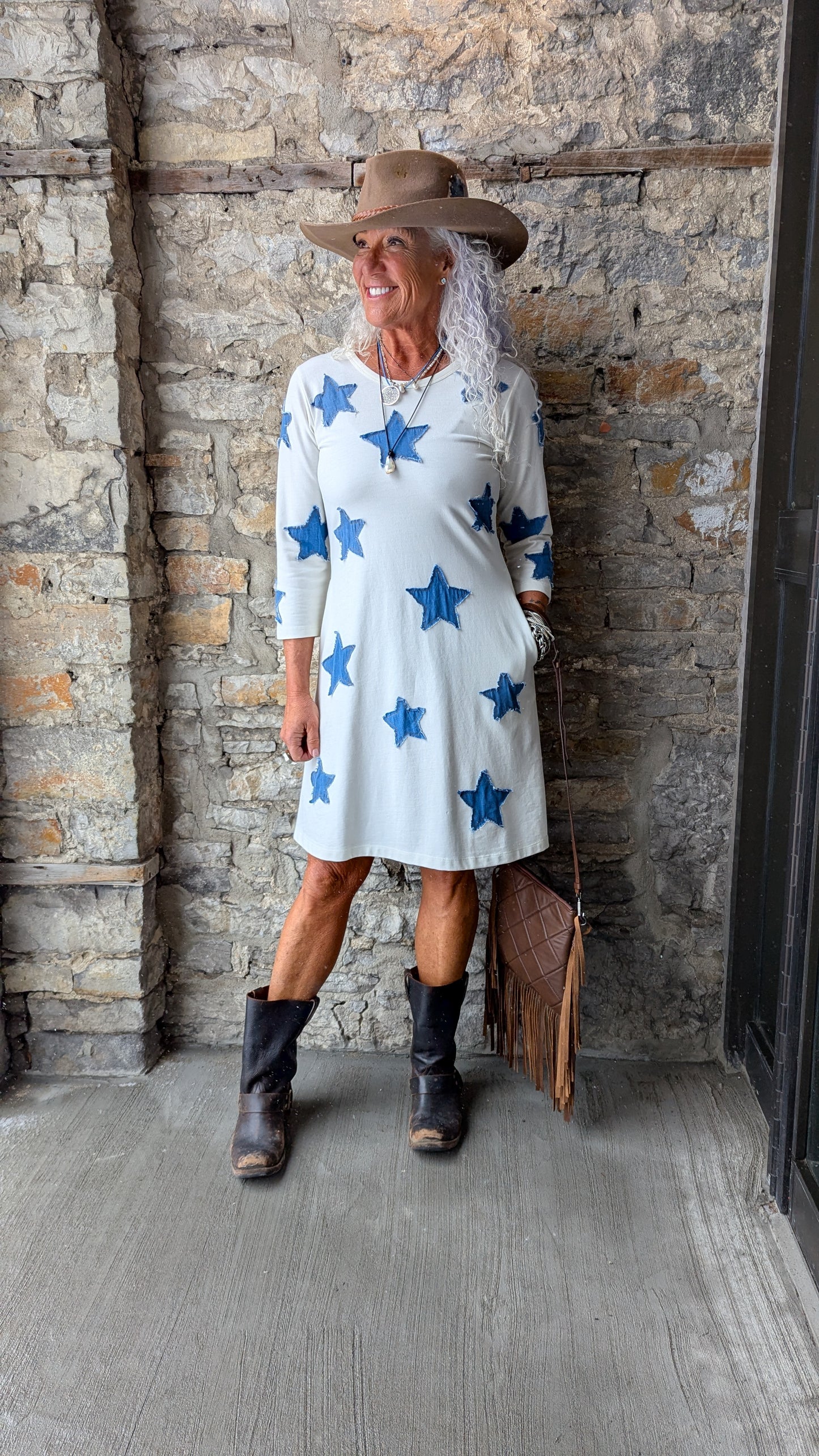 100% Cotton Denim Star Patchwork A-line Dress - Off White and Denim