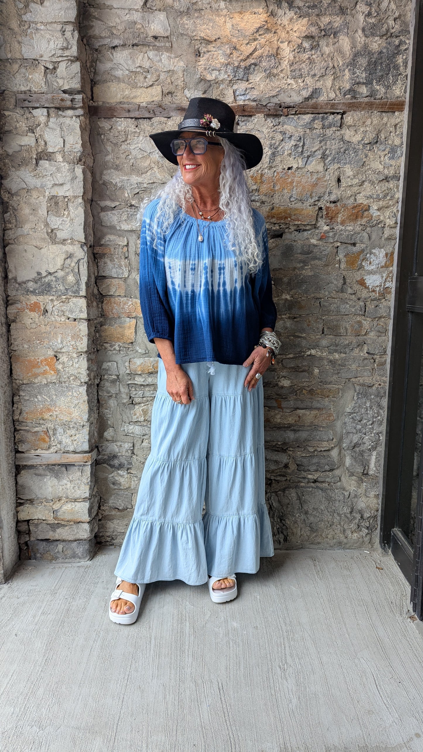100% Cotton Boho  Boat Neck Tie Dye Top- Blue and White