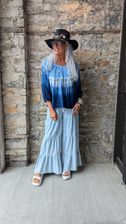 100% Cotton Boho  Boat Neck Tie Dye Top- Blue and White