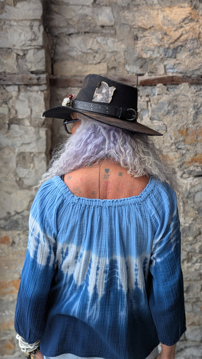 100% Cotton Boho  Boat Neck Tie Dye Top- Blue and White