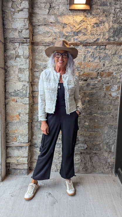 Collarless Stretch Jean Jacket with macrame frayed edges and pockets- Ivory
