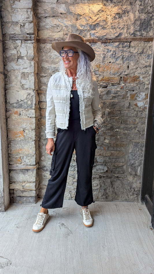 Collarless Stretch Jean Jacket with macrame frayed edges and pockets- Ivory