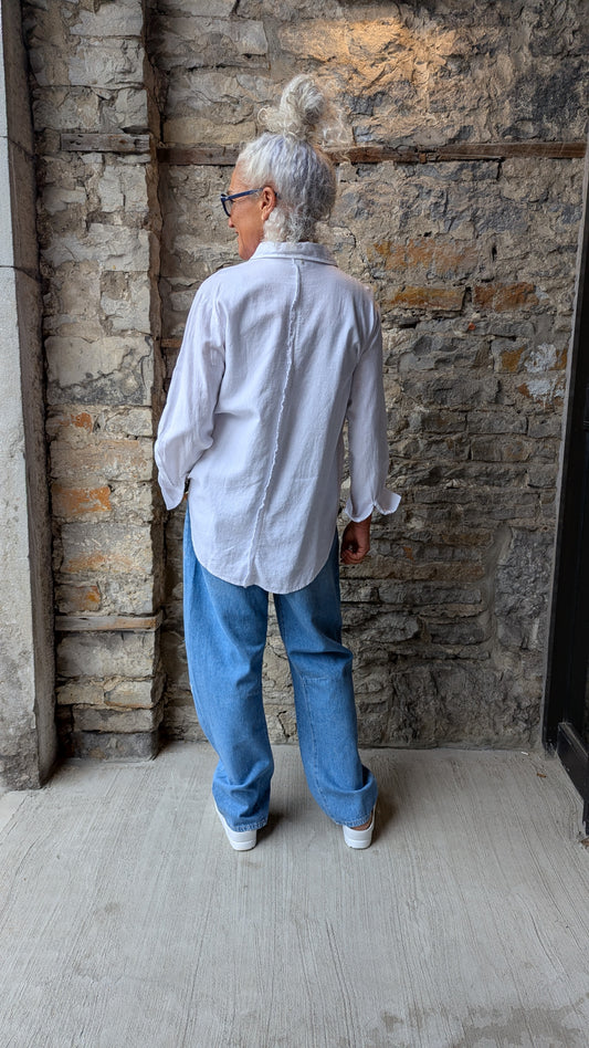 Linen blend White Button Front Long Sleeve Shirt with distressed seam WHITE