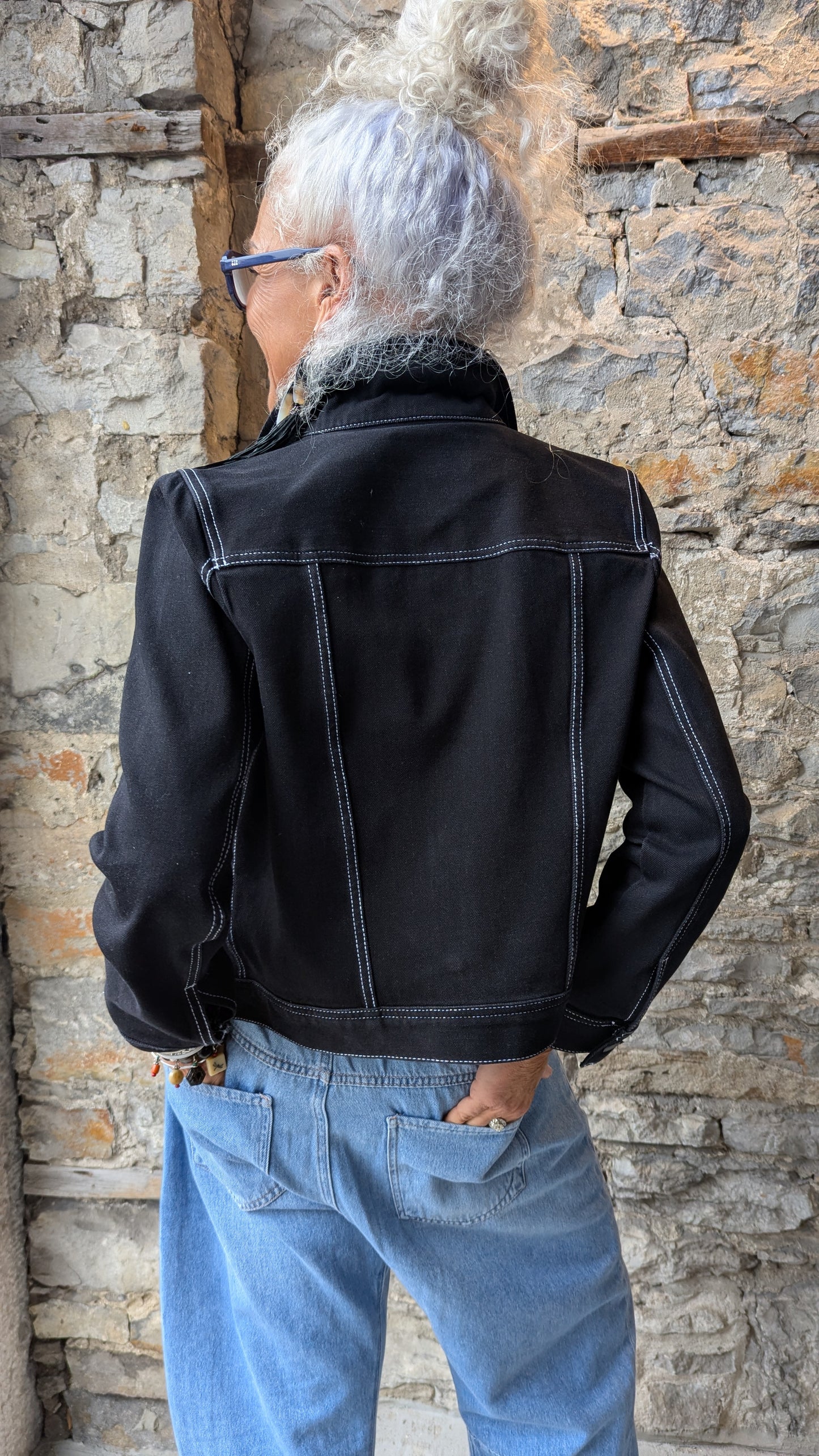 Stretch Trucker Jacket - Black / White Stitching