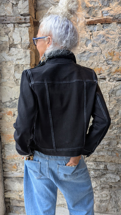 Stretch Trucker Jacket - Black / White Stitching